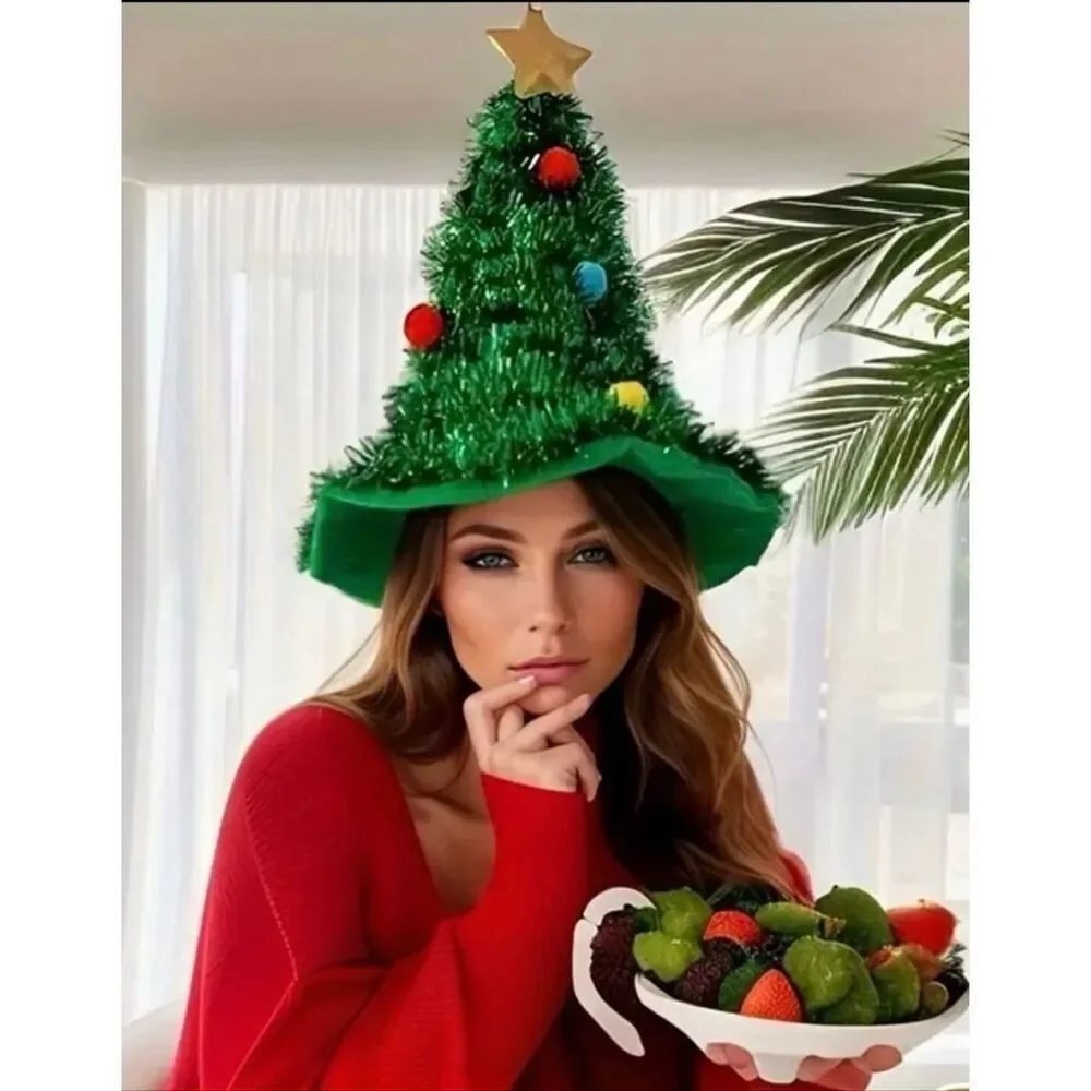LAST ONE!!! Christmas Tree Novelty Party Hat Green Tinsel Star Topper Adult